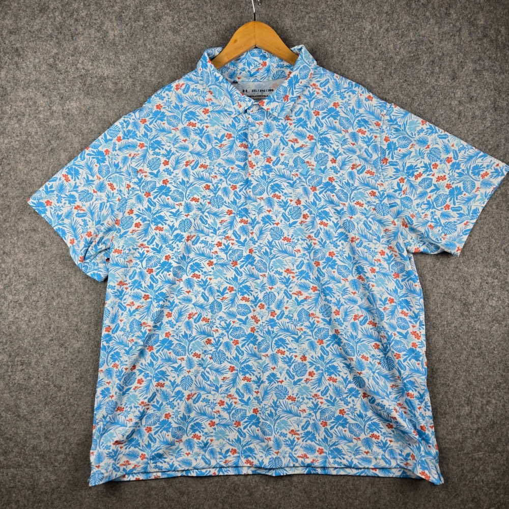 Under Armour The Playoff Polo Mens 2XL Blue Floral Tropical Golf Shirt Active